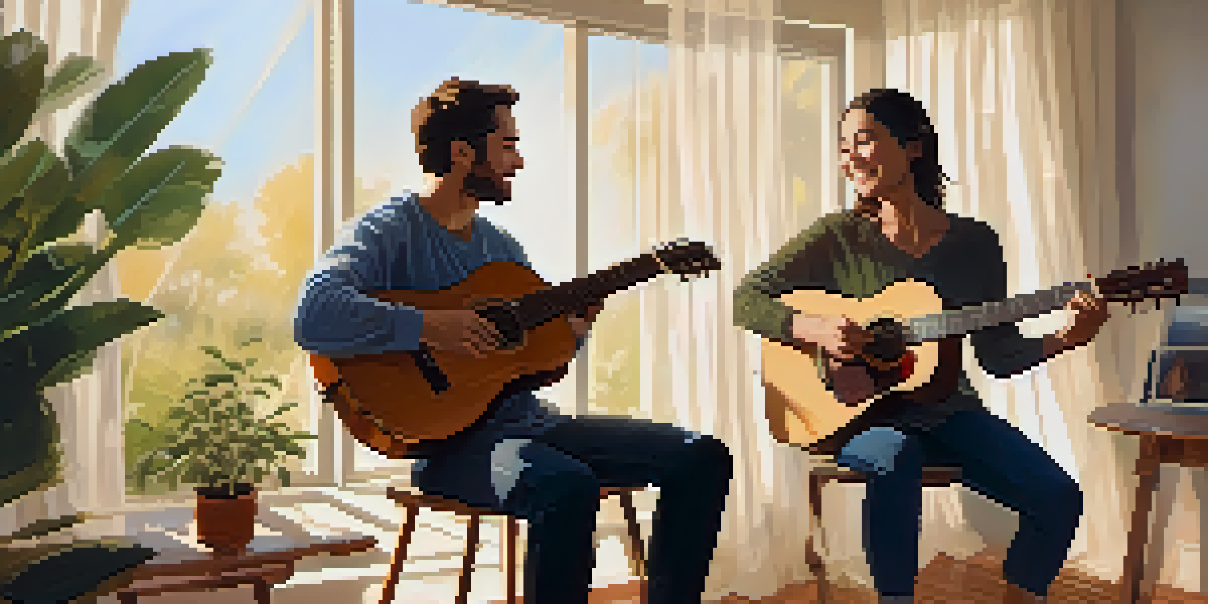 A music therapy session with a therapist and a client playing guitars in a cozy, well-lit room filled with plants and calming artwork.