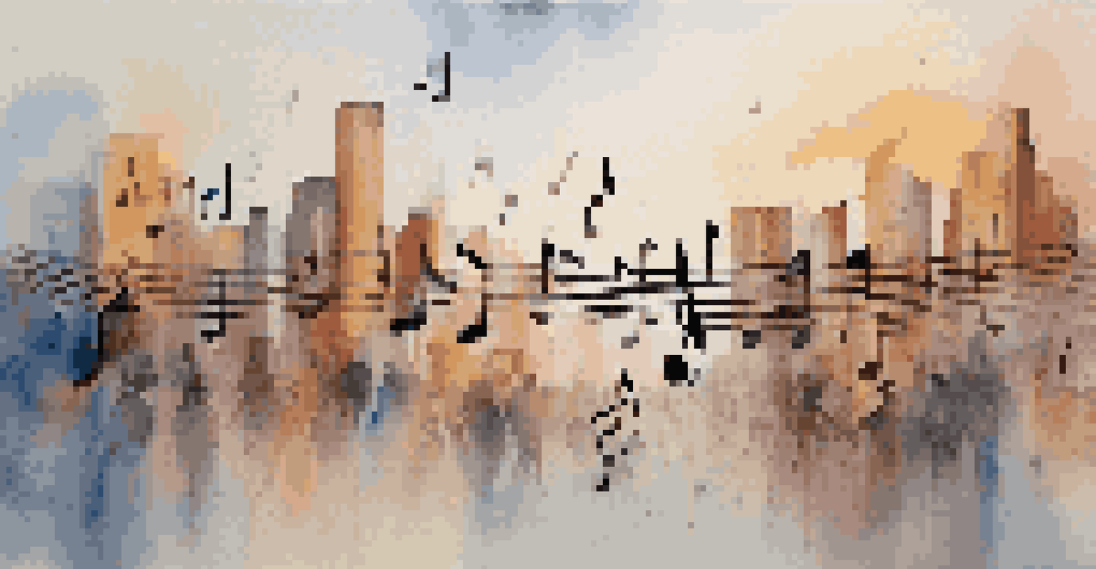 Abstract music notes floating in the air, with images of people communicating, set against a blurred cityscape in soft pastel colors.