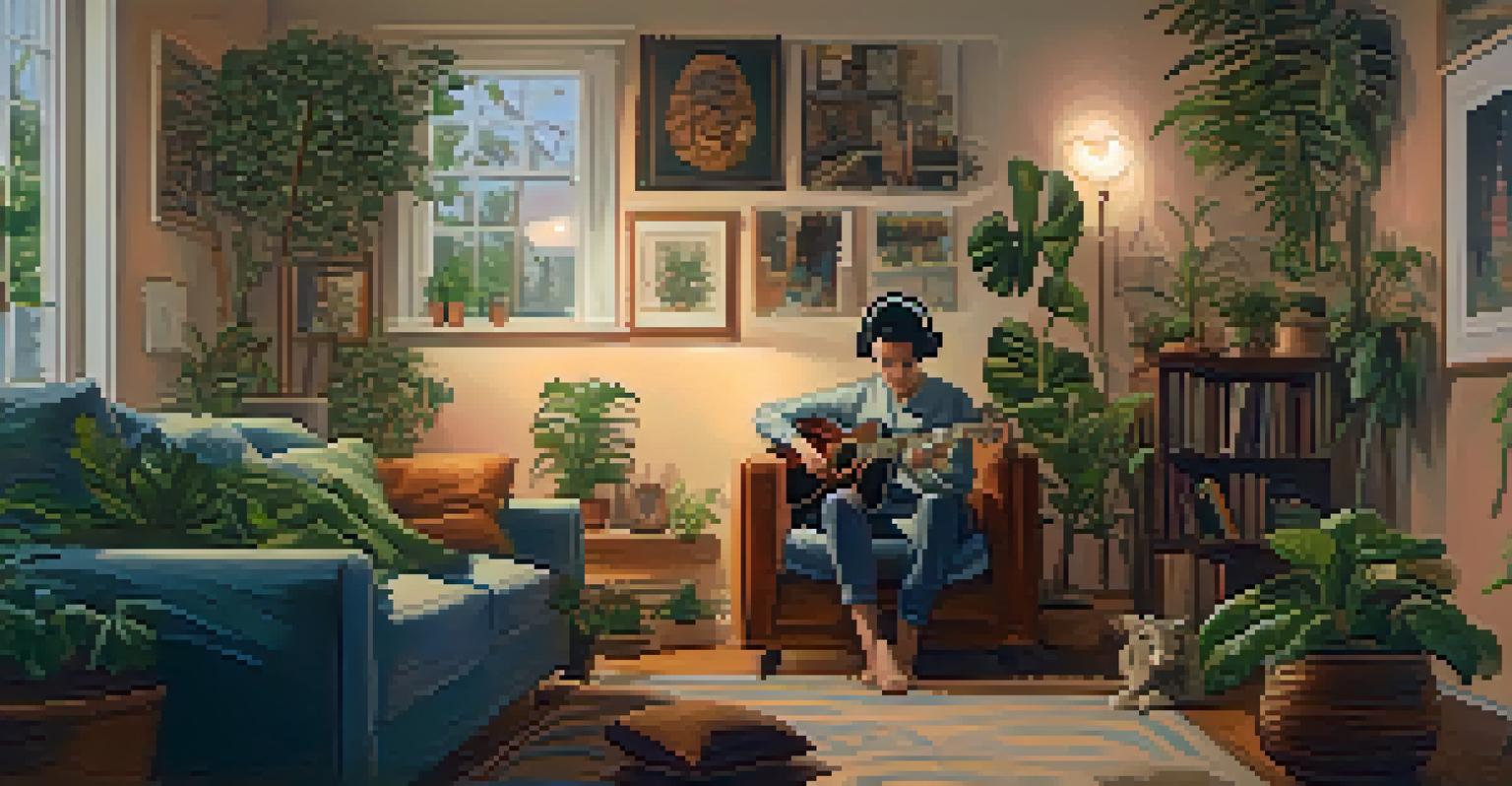 An individual sitting on a couch with headphones, deeply engaged in listening to music, in a cozy home environment.