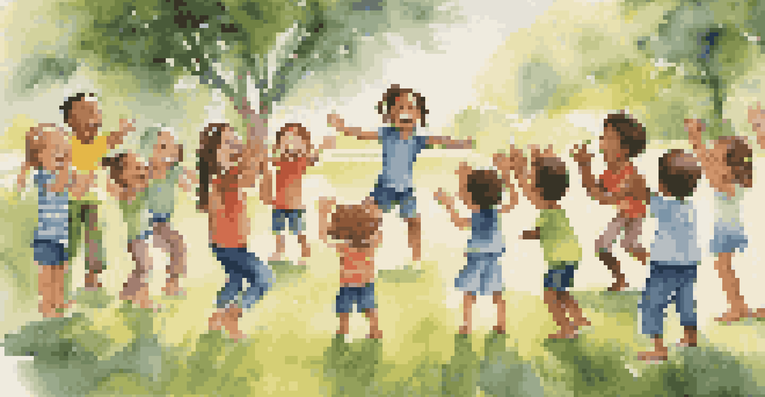 Children playing a rhythmic clapping game in a circle outdoors, surrounded by nature, showing their joy and social interaction.