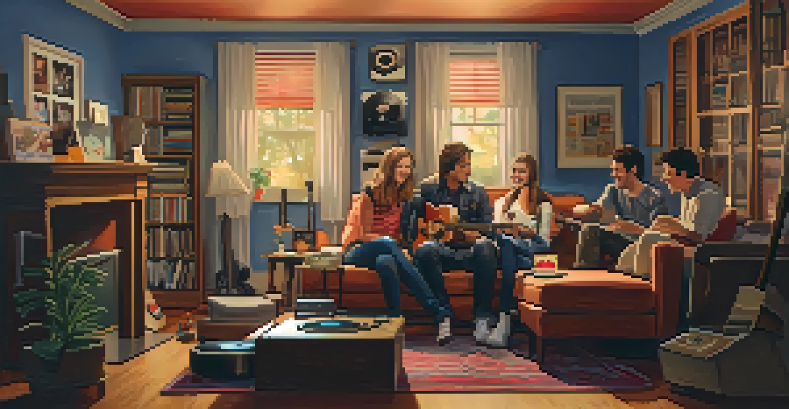 Friends gathered in a cozy living room around a record player, enjoying vinyl records and sharing laughter.