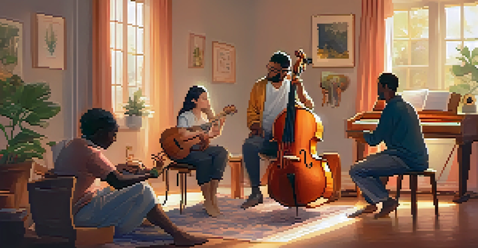A cozy music therapy session with diverse individuals actively listening to music in a softly lit room filled with instruments and plants.