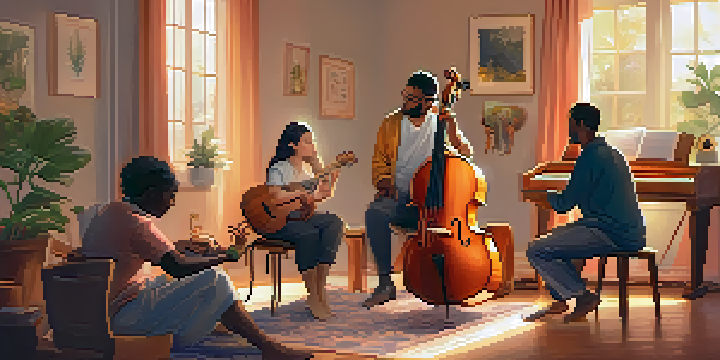 A cozy music therapy session with diverse individuals actively listening to music in a softly lit room filled with instruments and plants.