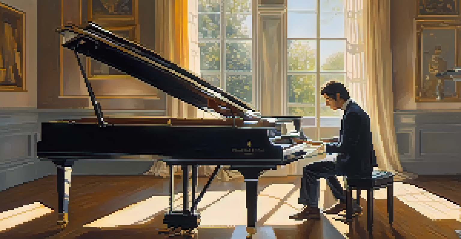 A musician playing a grand piano in a sunlit room, with sheet music open, capturing the warmth of the scene.