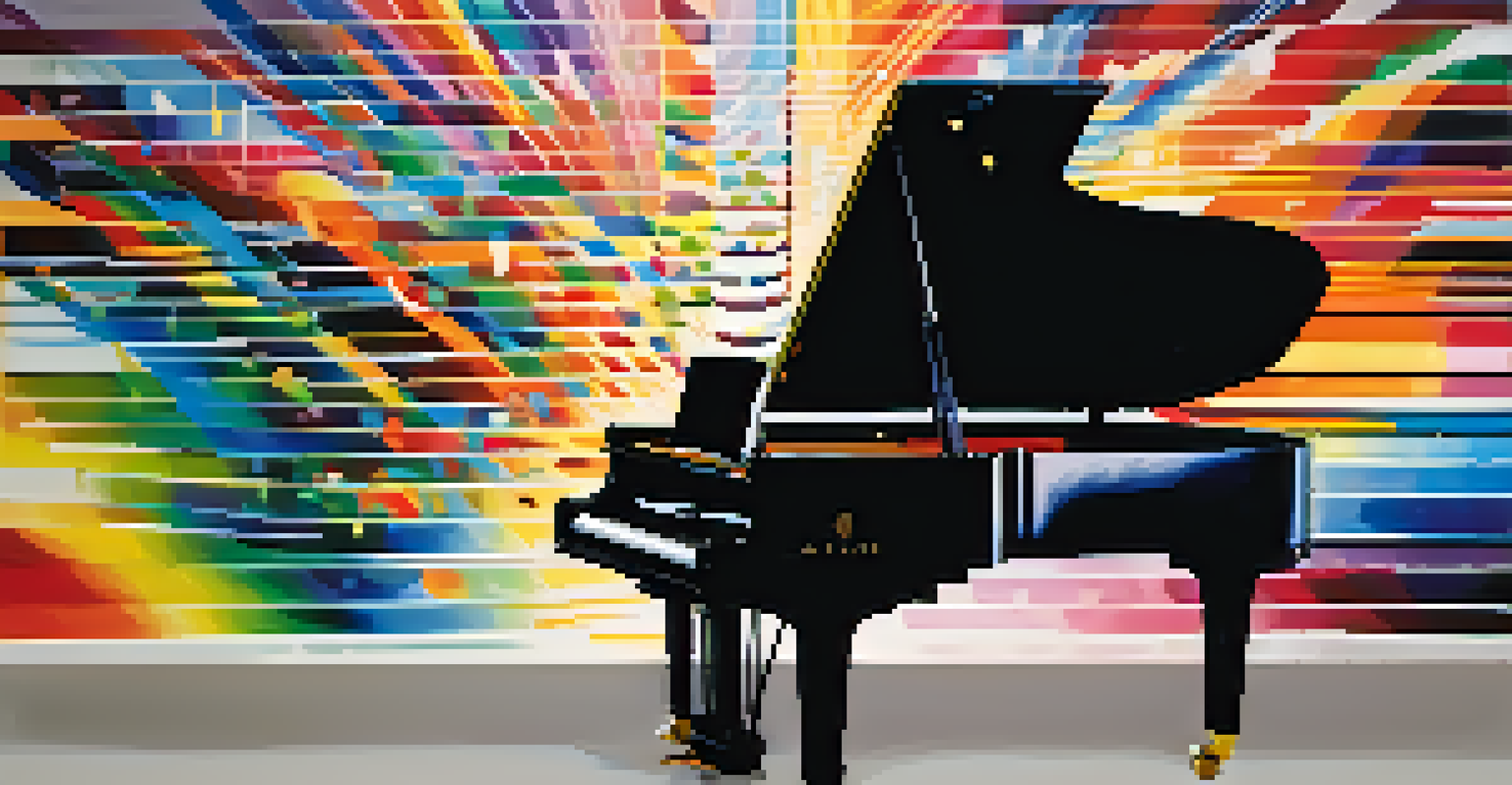 A musician at a grand piano with colorful sound waves and musical notes in a vibrant background.