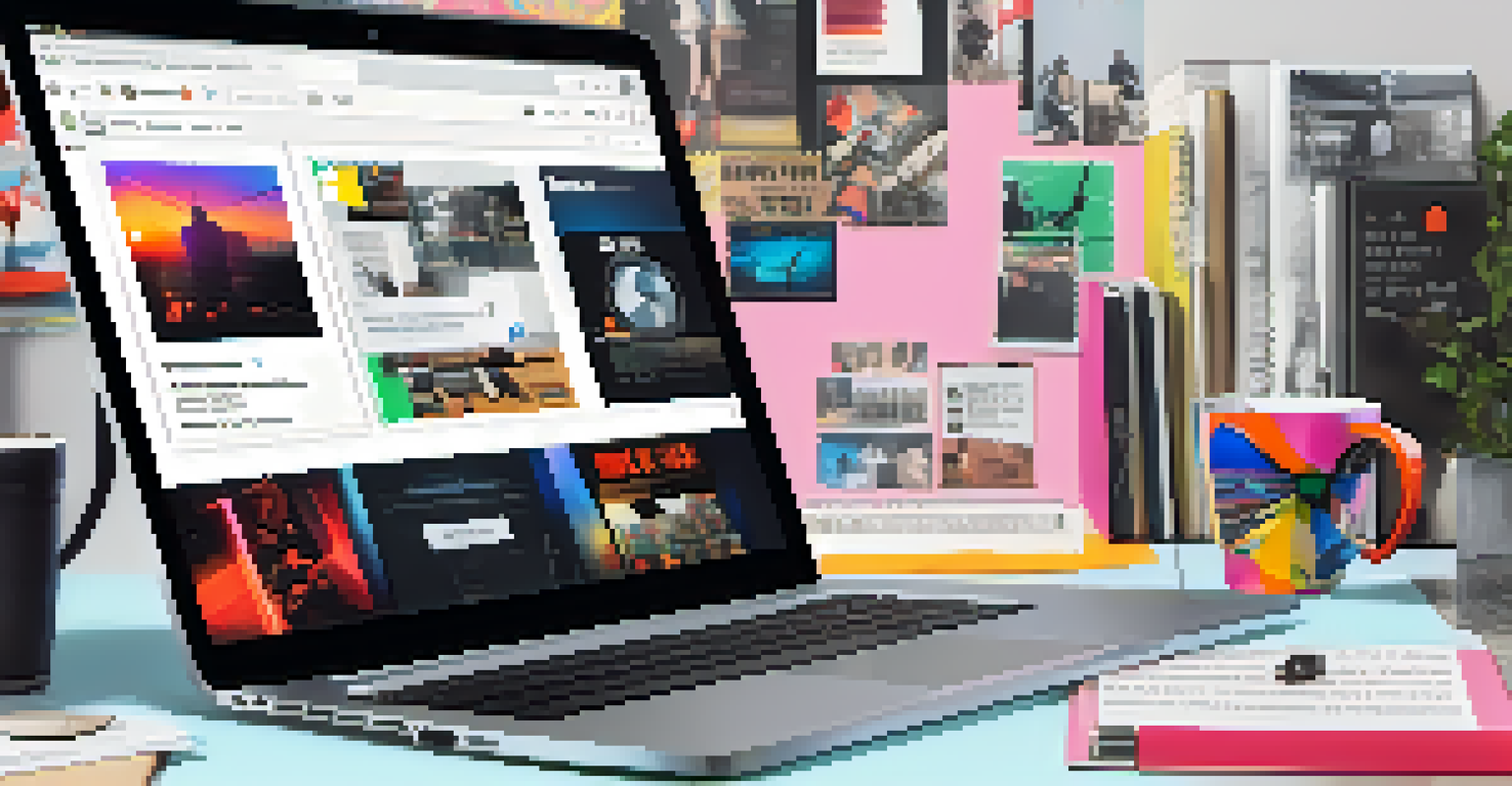A modern digital workspace with a laptop showing a blog post, a smartphone with notifications, and music-related items.