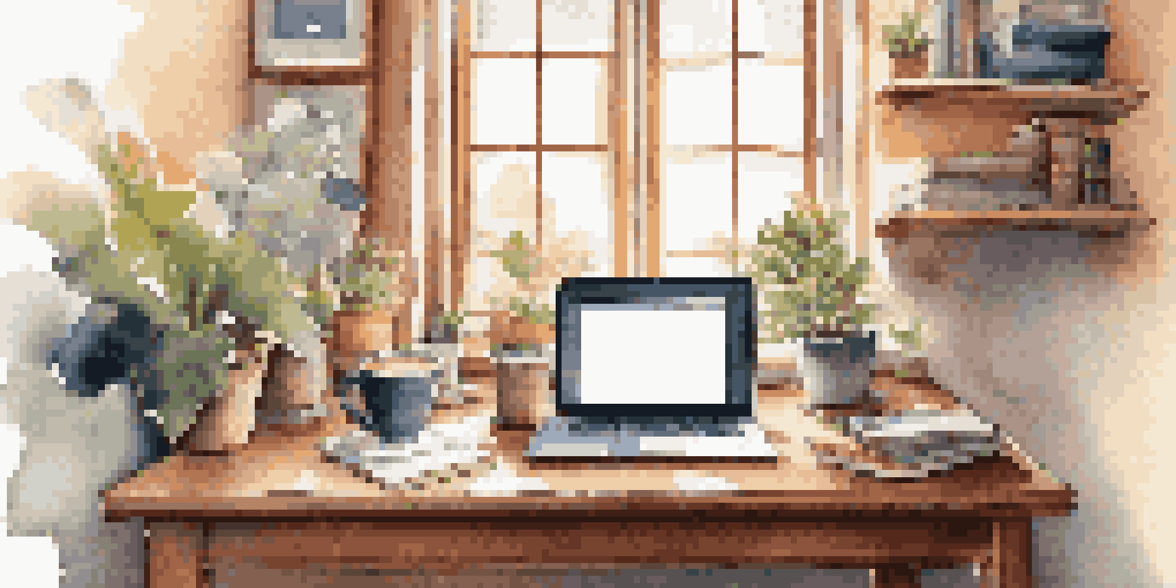 A warm and inviting home office with a wooden desk, laptop, coffee cup, and potted plant under sunlight.