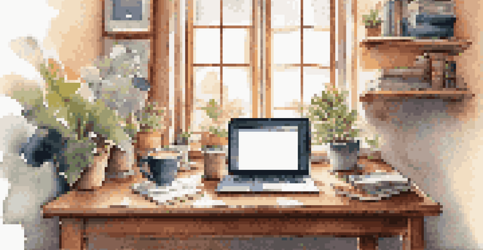 A warm and inviting home office with a wooden desk, laptop, coffee cup, and potted plant under sunlight.