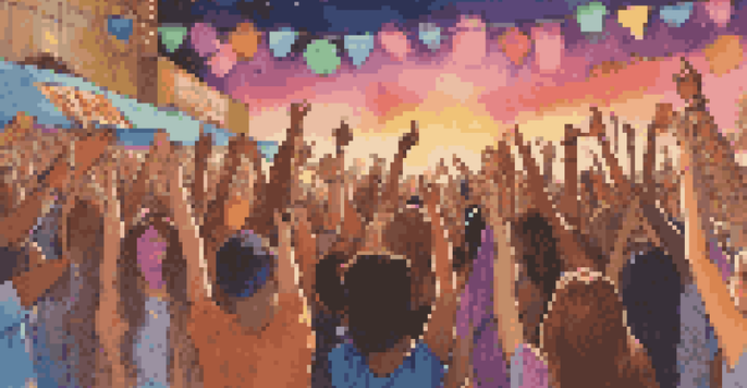 A lively music festival crowd with fans cheering and holding signs, colorful stage lights, and a warm sunset atmosphere.