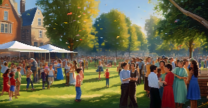 A joyful gathering of a Jewish community in a park, with families singing and dancing together, colorful banners in the background, and children playing.