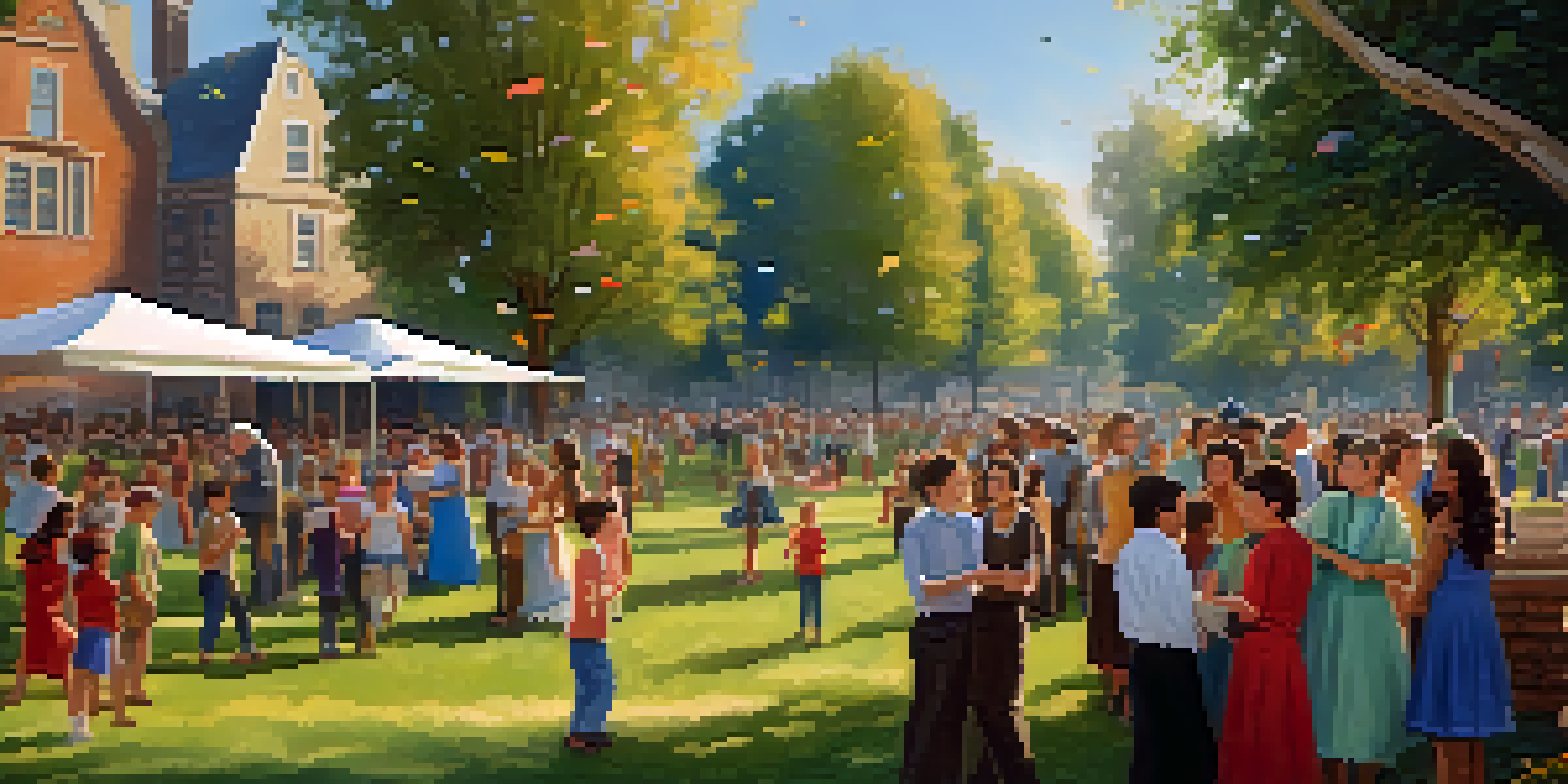 A joyful gathering of a Jewish community in a park, with families singing and dancing together, colorful banners in the background, and children playing.