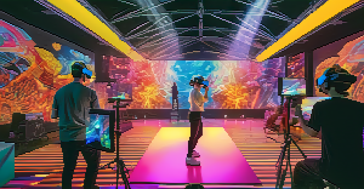 An artist performing in a futuristic augmented reality environment with digital effects, while fans engage in the experience wearing VR headsets.