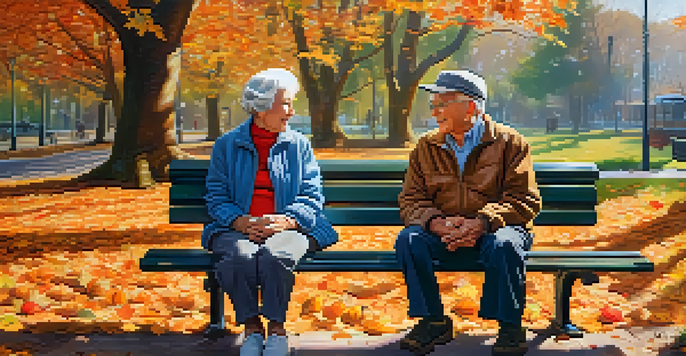 An elderly couple enjoying music on a park bench amidst colorful autumn leaves.