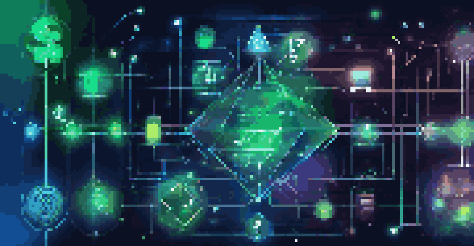 An abstract representation of blockchain technology with musical notes and copyright symbols glowing in blue and green.