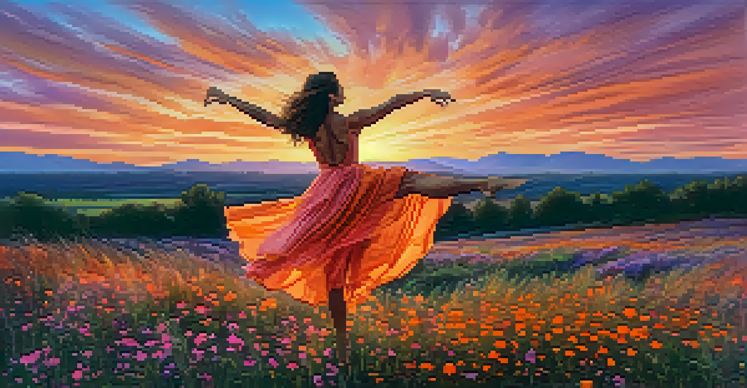 A solo dancer in a flowing costume performing amidst wildflowers at sunset, with a colorful sky in the background.