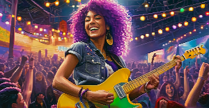 A young woman with purple hair plays an electric guitar on stage, surrounded by colorful lights and a cheering crowd, with banners of crowdfunding platforms in the background.