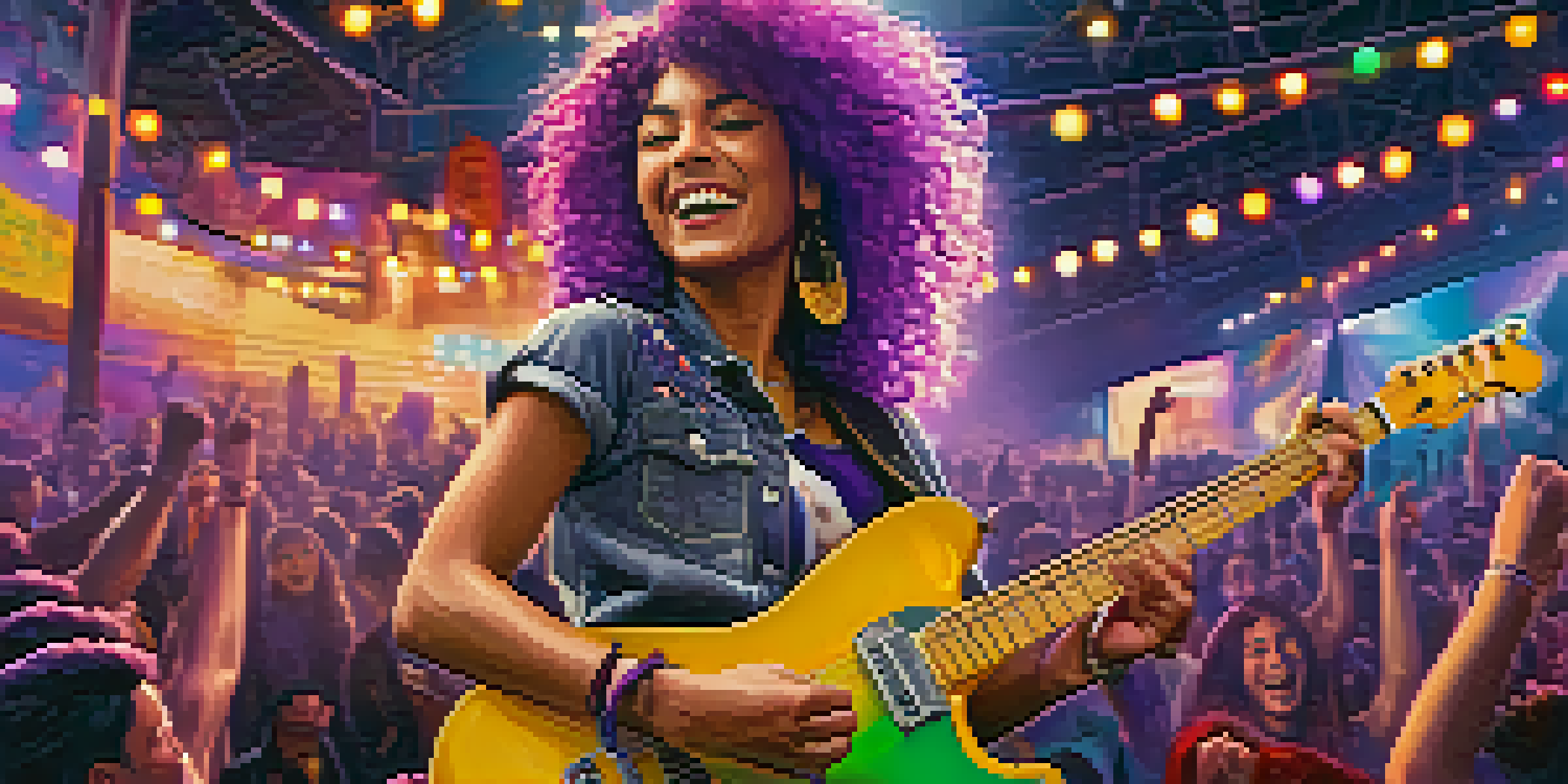 A young woman with purple hair plays an electric guitar on stage, surrounded by colorful lights and a cheering crowd, with banners of crowdfunding platforms in the background.