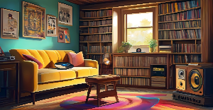 A cozy room with a turntable and colorful vinyl records on a wooden shelf, illuminated by soft, warm lighting.