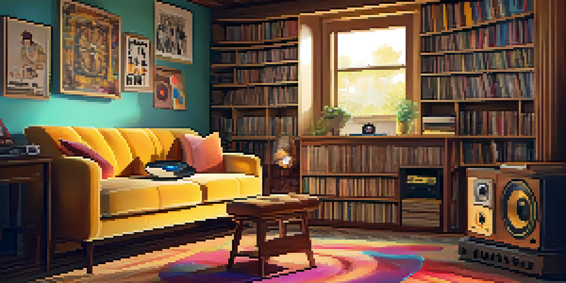 A cozy room with a turntable and colorful vinyl records on a wooden shelf, illuminated by soft, warm lighting.