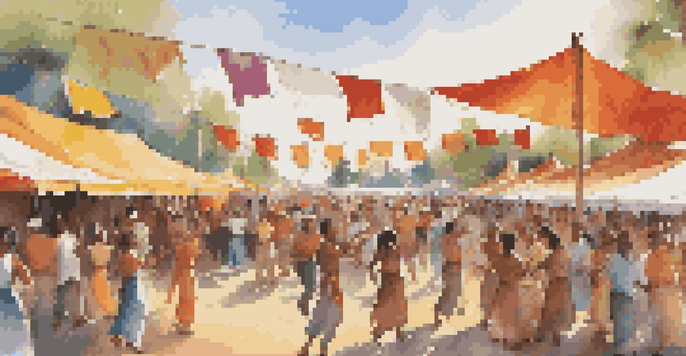 A lively cultural festival with a diverse group of people enjoying live music, musicians playing traditional instruments, and colorful decorations.