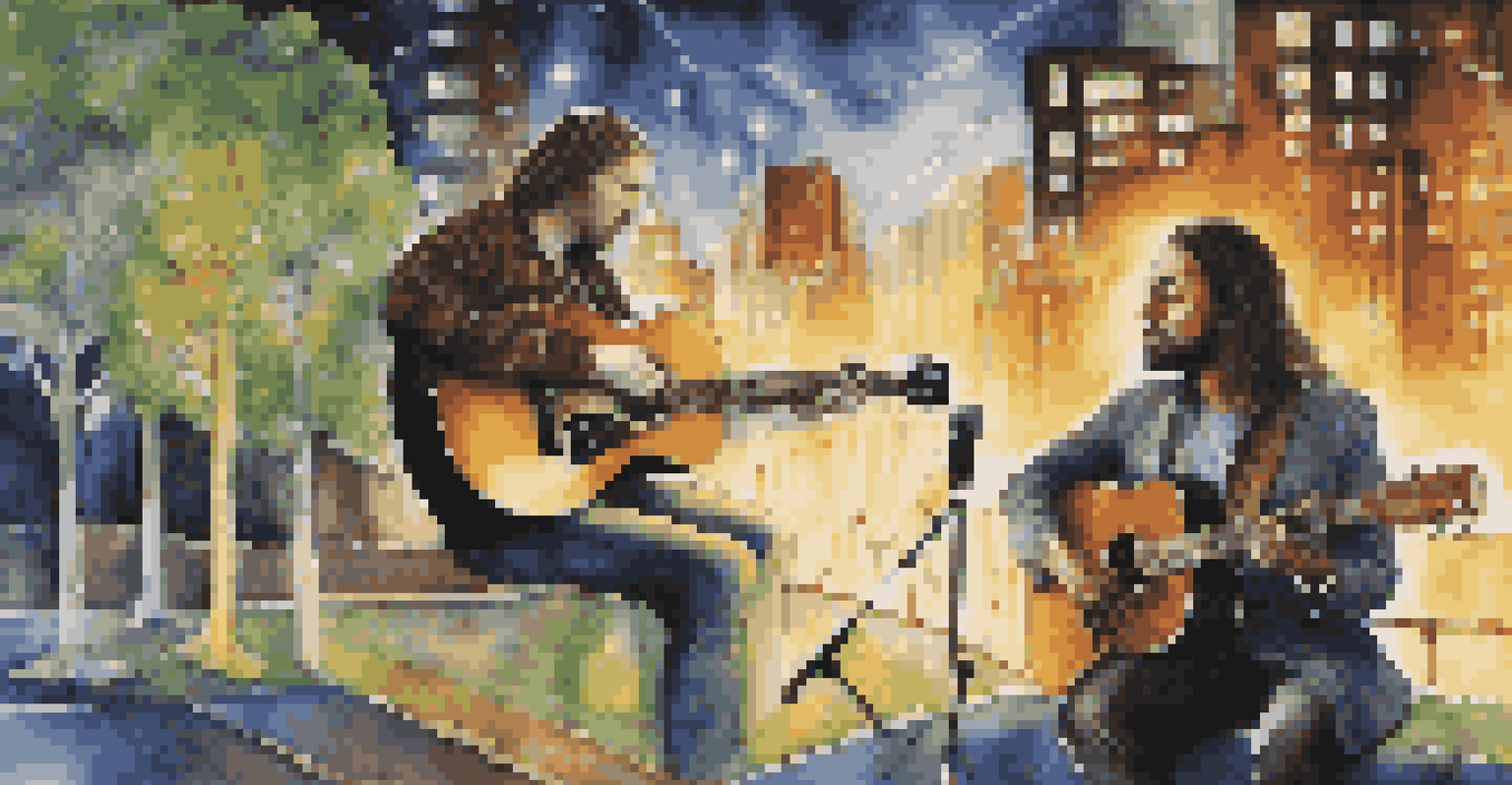 A split image depicting the fusion of acoustic and electric music, featuring an acoustic guitarist outdoors and an electric guitarist in a city setting connected by musical notes.