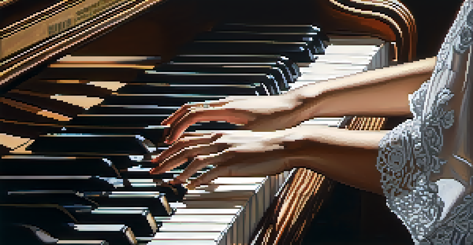 Close-up of a woman's hands playing a grand piano, focusing on the keys and elegant fingers in soft light.