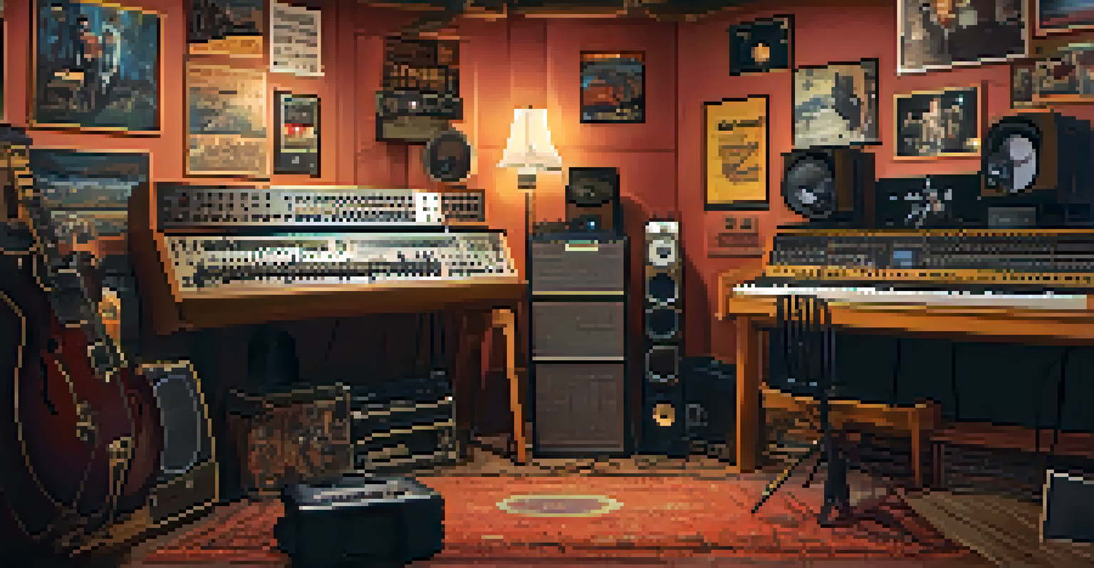 An indie artist singing into a vintage microphone in a cozy recording studio filled with musical instruments and decorated with posters.