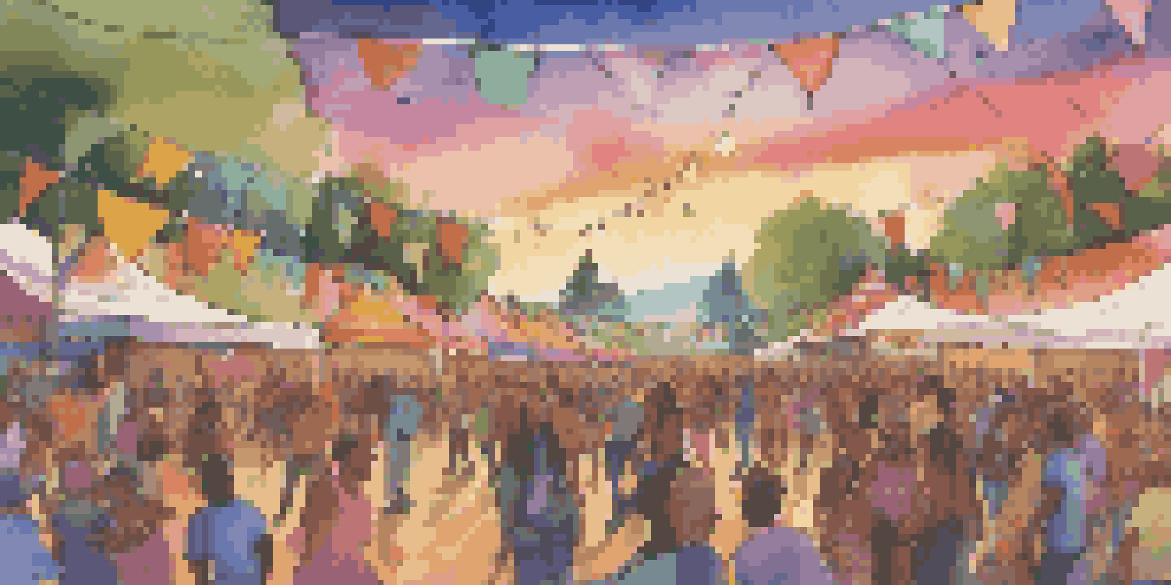 A lively outdoor music festival with people dancing, colorful banners, and recycling stations, set against a beautiful sunset.