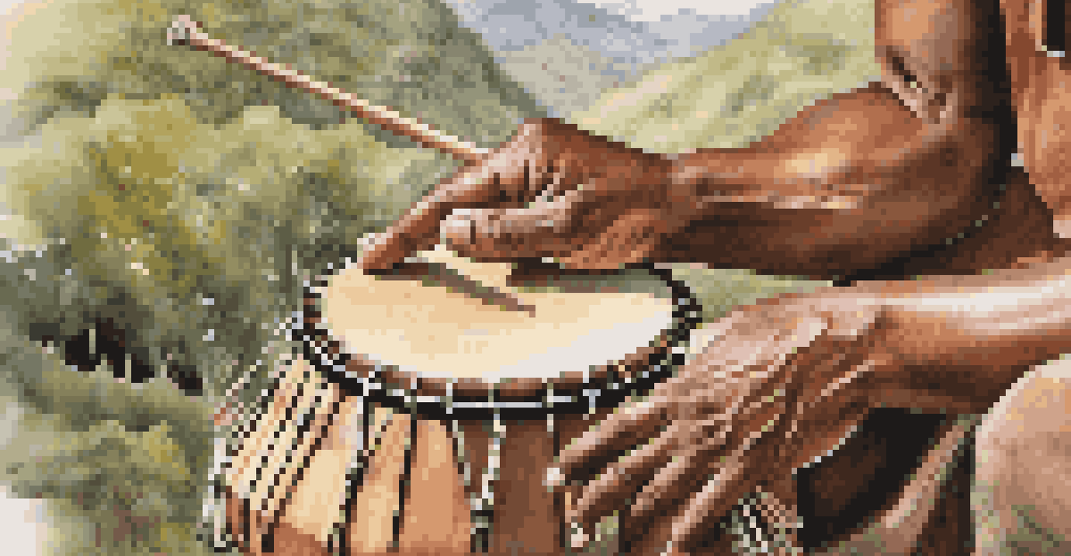 Close-up of hands playing traditional indigenous instruments in a natural setting.