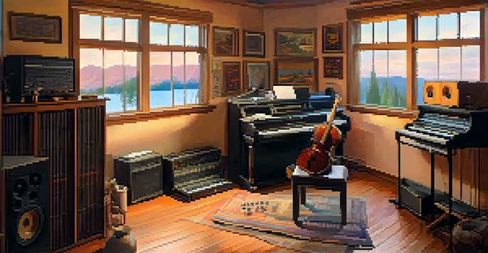 A musician in a cozy studio, writing lyrics with instruments around and a sunset view through the window.