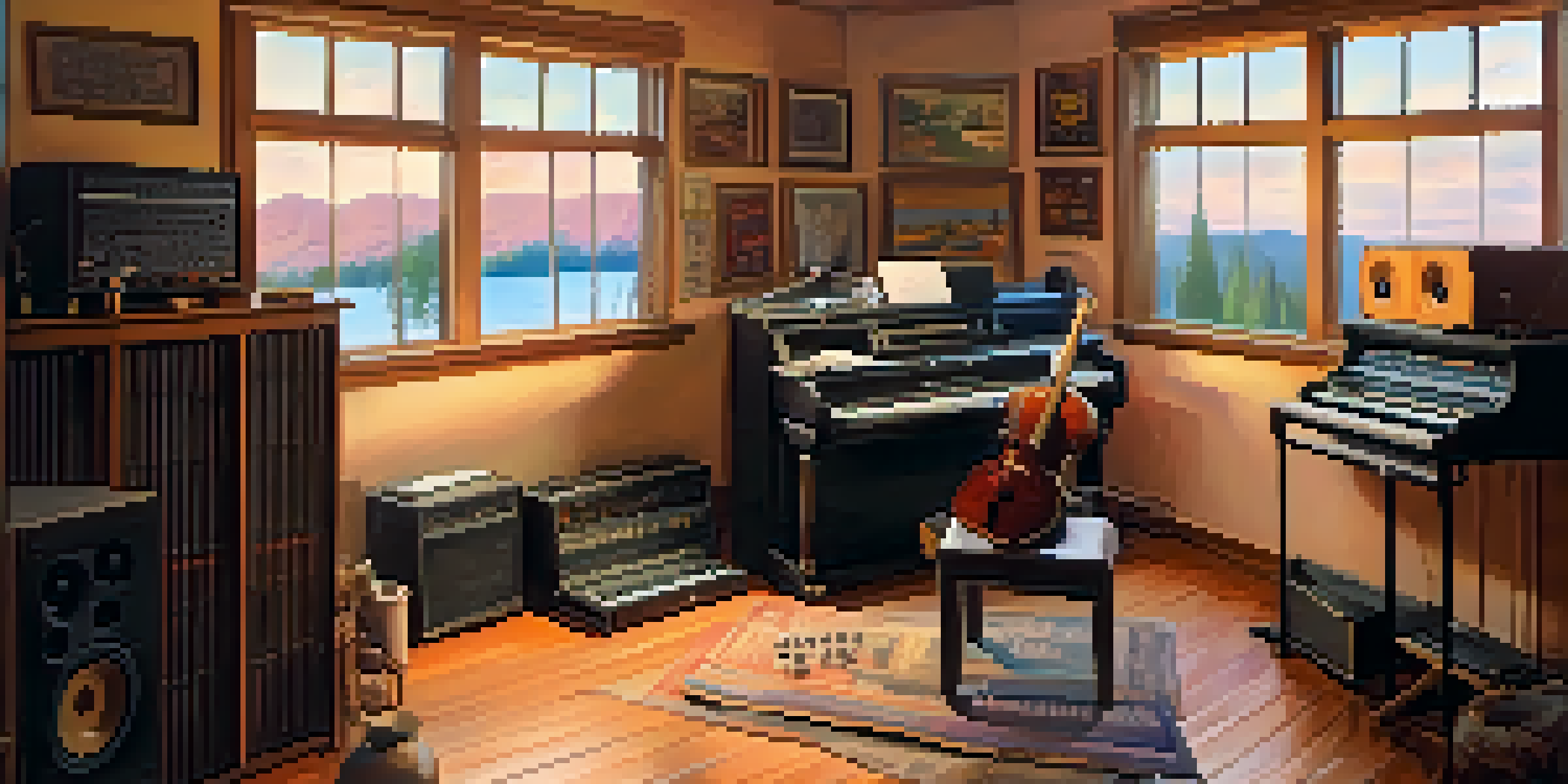 A musician in a cozy studio, writing lyrics with instruments around and a sunset view through the window.