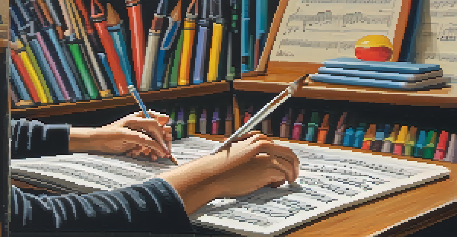 A close-up of a music teacher's hands writing on a chalkboard about cultural sensitivity, with a well-organized classroom in the background.