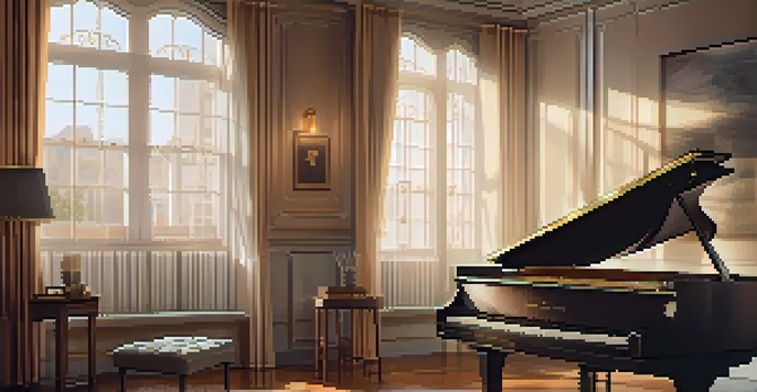 A cozy studio with a grand piano, surrounded by sheet music and bathed in warm golden light.