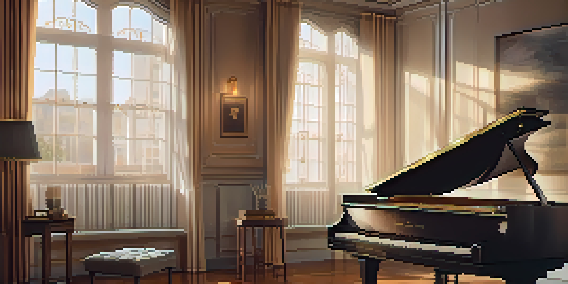 A cozy studio with a grand piano, surrounded by sheet music and bathed in warm golden light.