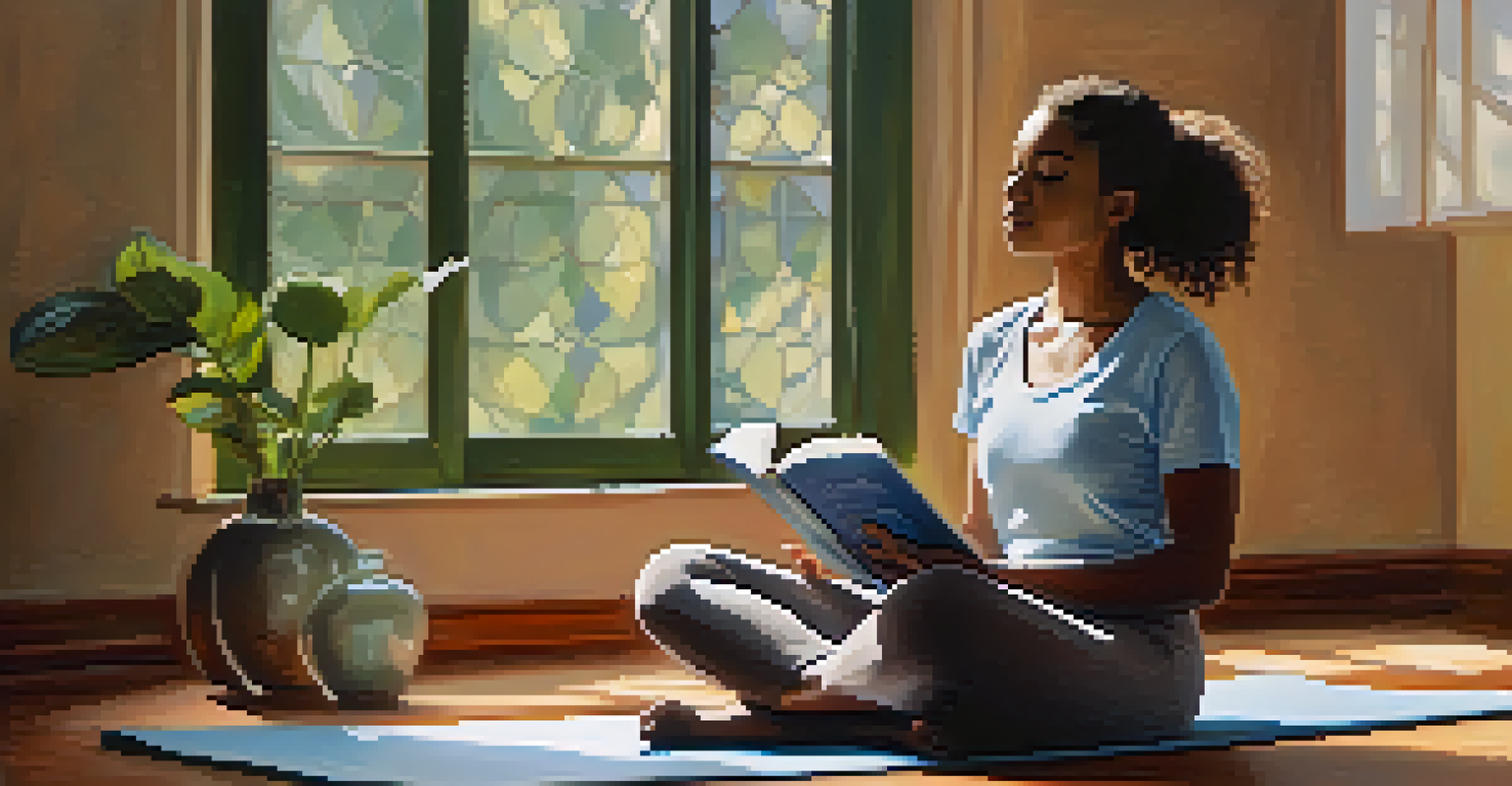 A singer practicing diaphragmatic breathing while sitting cross-legged on a yoga mat with a book on their stomach, illuminated by soft natural light.