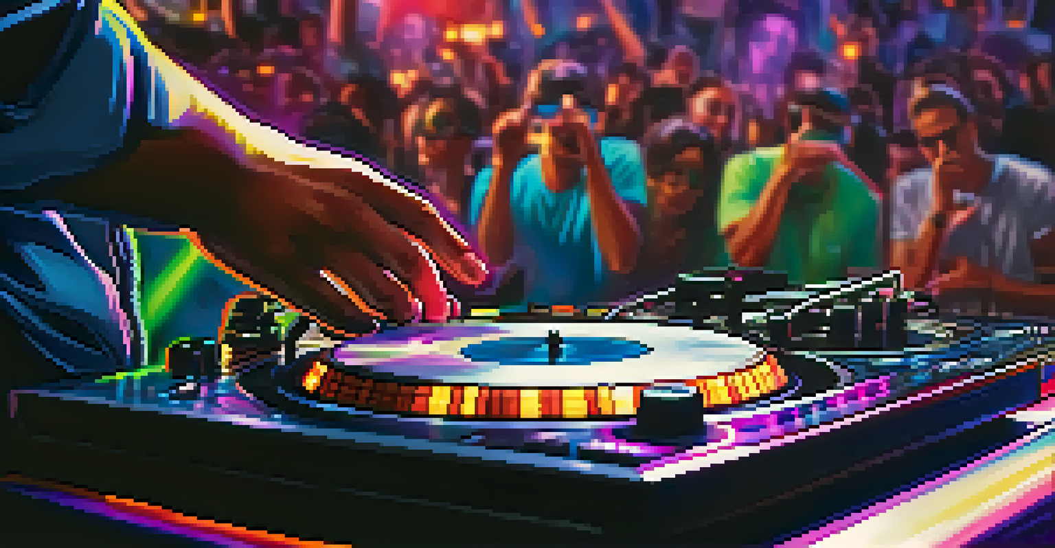 A DJ's hands on turntables in a nightclub, with colorful LED lights and an engaged crowd in the background.