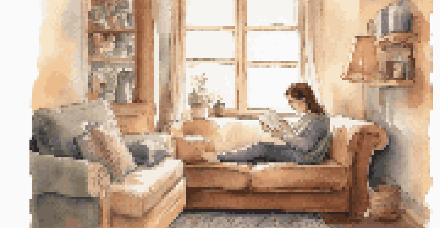 A person sitting on a couch, journaling their feelings about performance anxiety in a cozy, warmly lit room.
