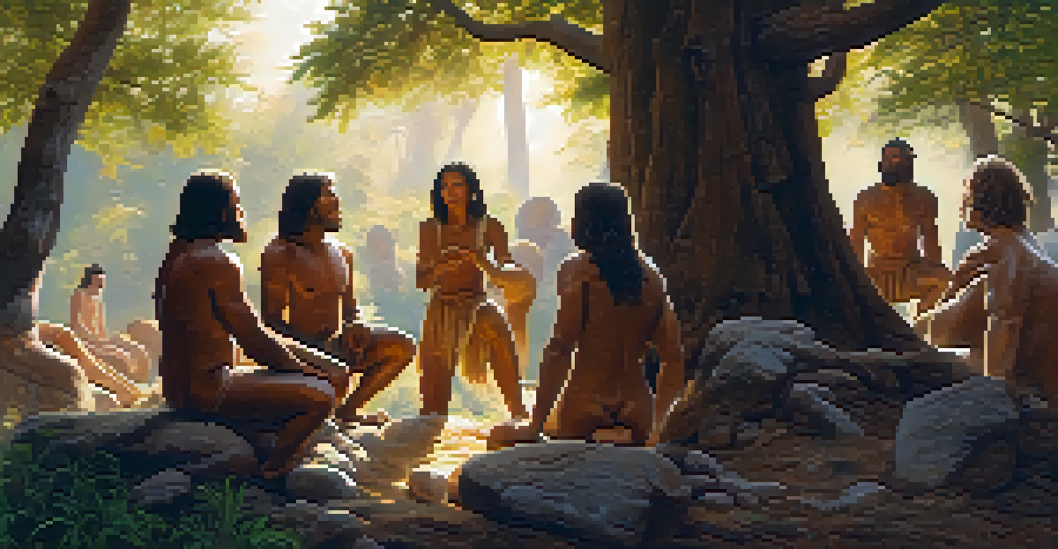 Early humans singing in a ritualistic setting, surrounded by nature with a warm atmosphere.