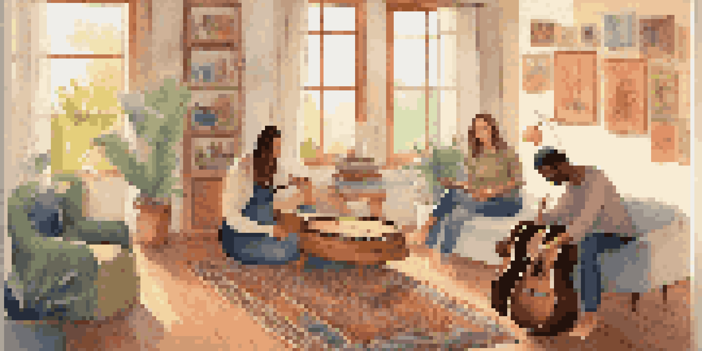 A therapist and a client engaged in a music therapy session with instruments, surrounded by colorful artwork and warm lighting.