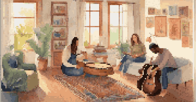 A therapist and a client engaged in a music therapy session with instruments, surrounded by colorful artwork and warm lighting.