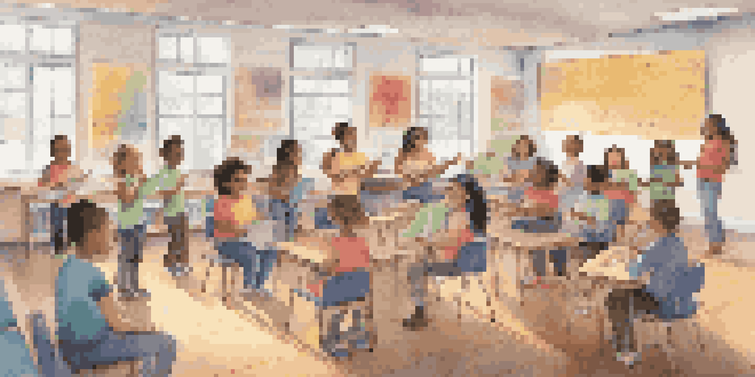 A diverse group of students with various physical abilities are singing together in a colorful music classroom, supported by a smiling instructor using visual aids.