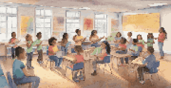 A diverse group of students with various physical abilities are singing together in a colorful music classroom, supported by a smiling instructor using visual aids.