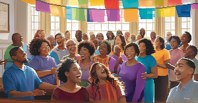 A diverse group of individuals singing joyfully in a bright, sunlit room, surrounded by colorful decorations.