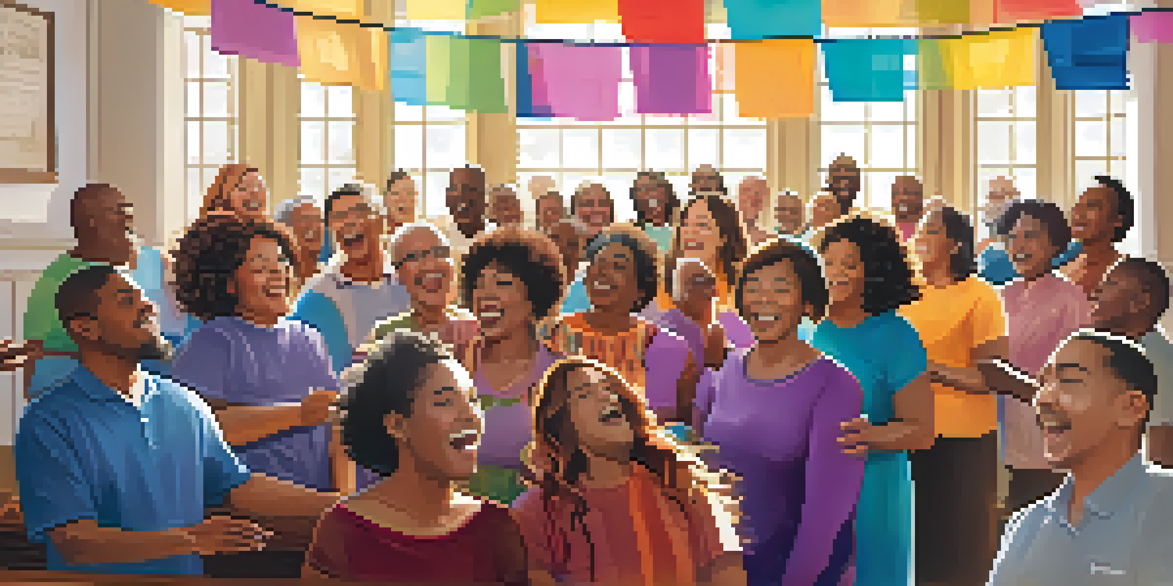 A diverse group of individuals singing joyfully in a bright, sunlit room, surrounded by colorful decorations.