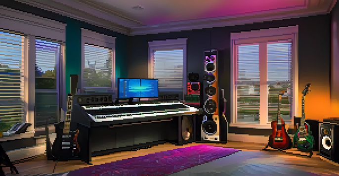 A colorful home music studio with a digital audio workstation, musical instruments, and natural light.