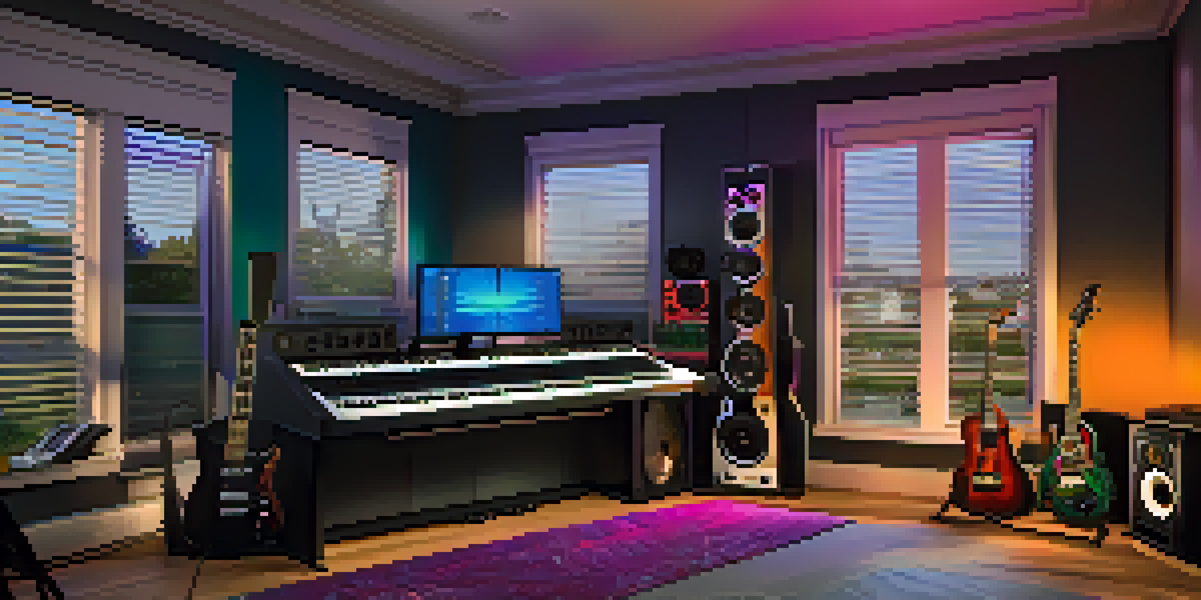 A colorful home music studio with a digital audio workstation, musical instruments, and natural light.