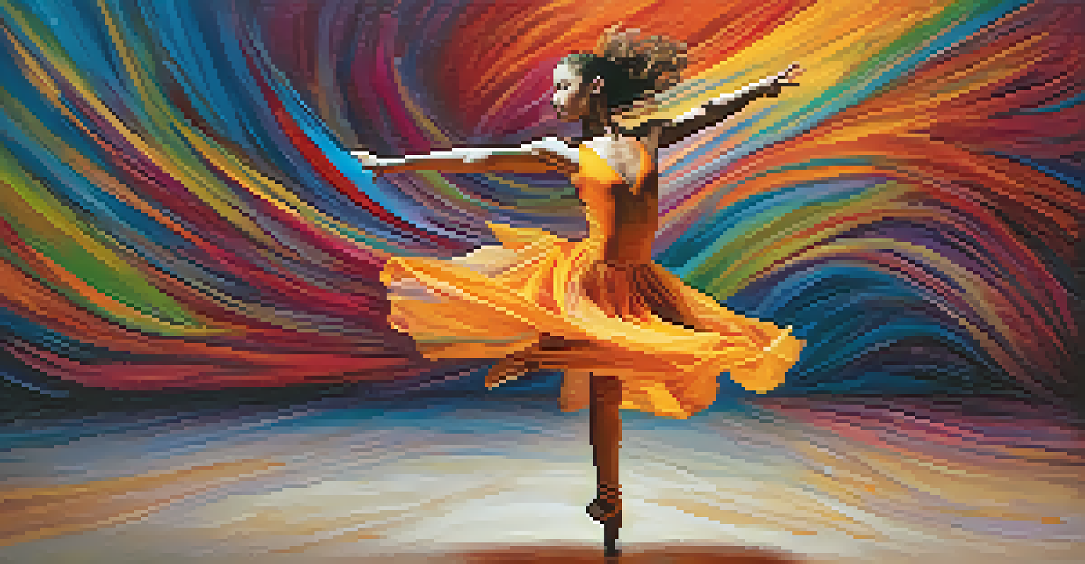 A dancer captured mid-leap with a colorful background, illustrating the energy and emotion of a dynamic dance performance.