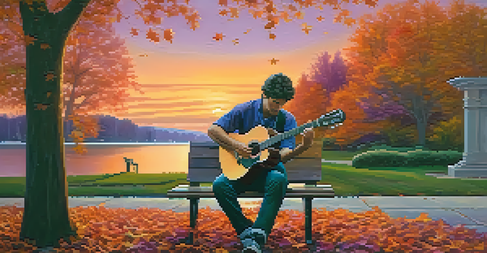 A musician playing guitar on a park bench during a colorful sunset, surrounded by falling autumn leaves.