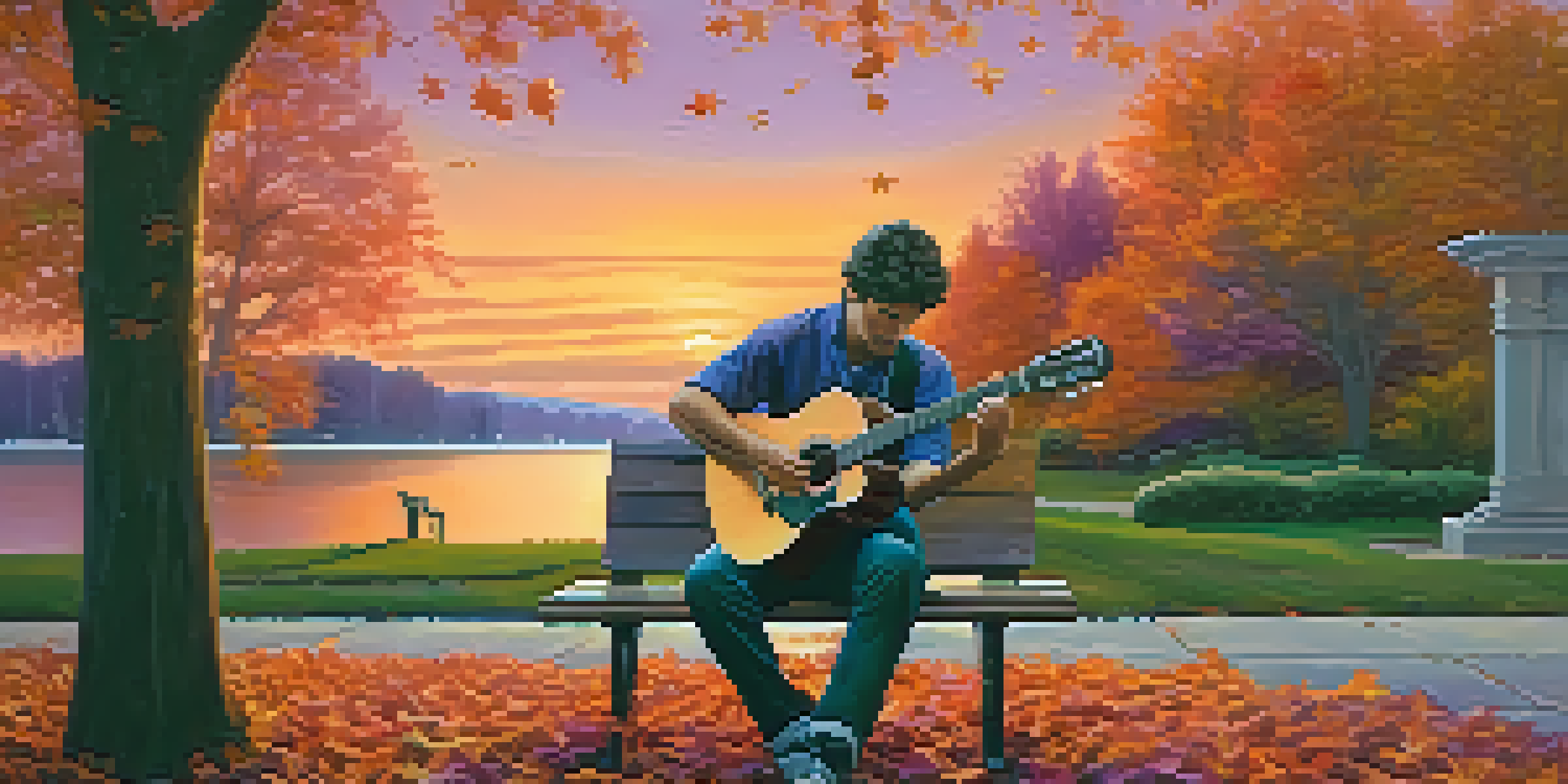A musician playing guitar on a park bench during a colorful sunset, surrounded by falling autumn leaves.
