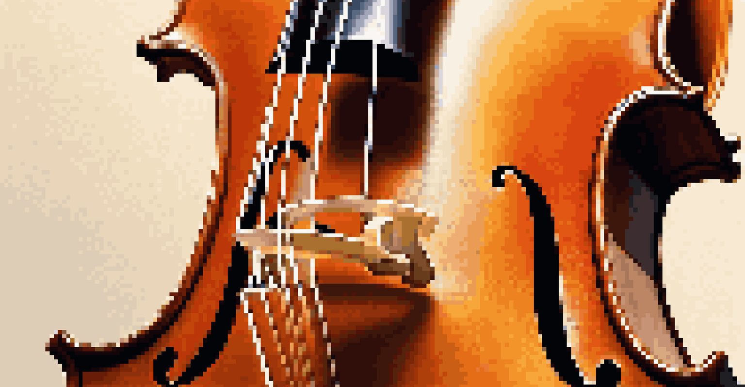 Close-up view of a cello's scroll and strings, showcasing warm wood tones and natural light reflections.